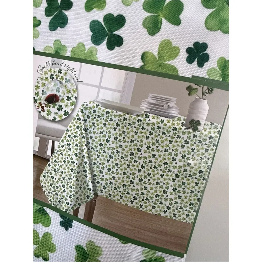 Colordrift St Patrick’s Day Green White 3 Leaf Clover Tablecloth 60”x 104”